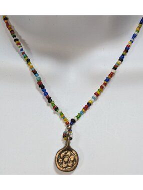 Handmade Boho Rainbow Seed Bead Necklace Bronze Floral Pendant Folk Art